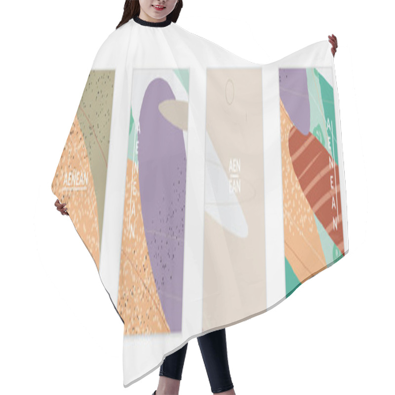 Personality  Retro Hipster Art Print Or Poster Design. Wavy Motley Shapes. Overlapping Hand Drawn Texture. Stripes, Dots And Scribbles Create Exotic Tropical Background. Natural Organic Colors. Hair Cutting Cape