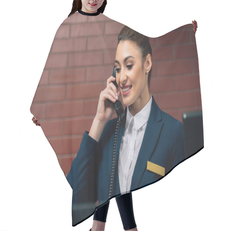 Personality  Young Beautiful Hotel Receptionist Receiving Call At Workplace Hair Cutting Cape