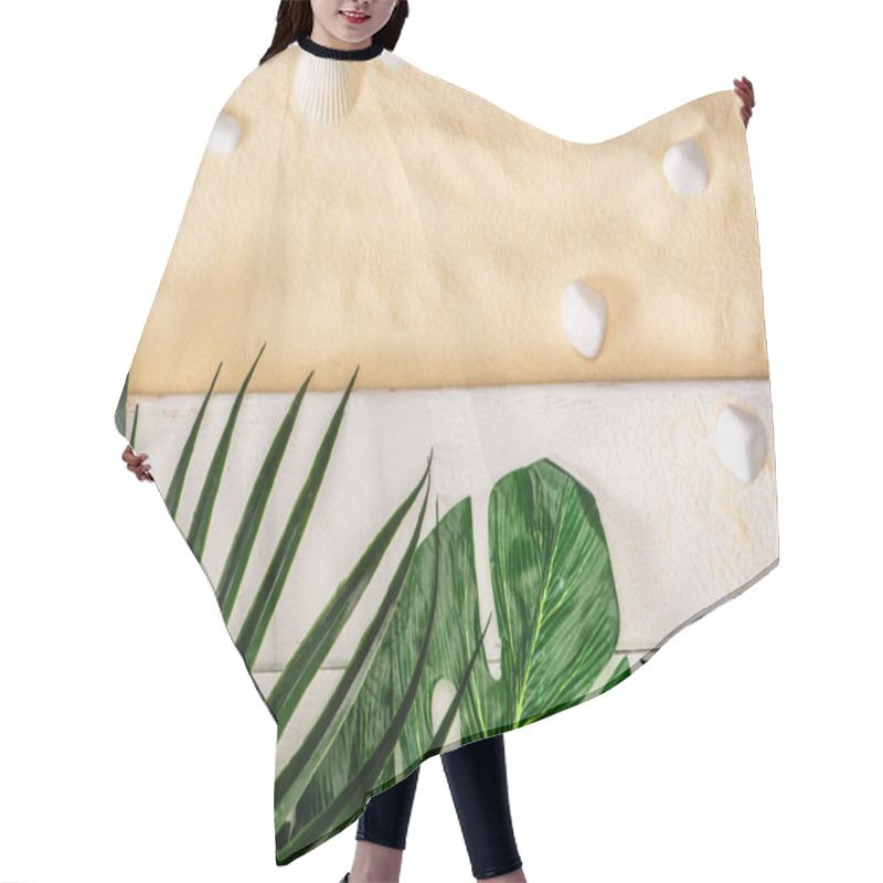 Personality  Top View Of Green Leaves On White Wooden Planks And Sea Stones On Sand Hair Cutting Cape