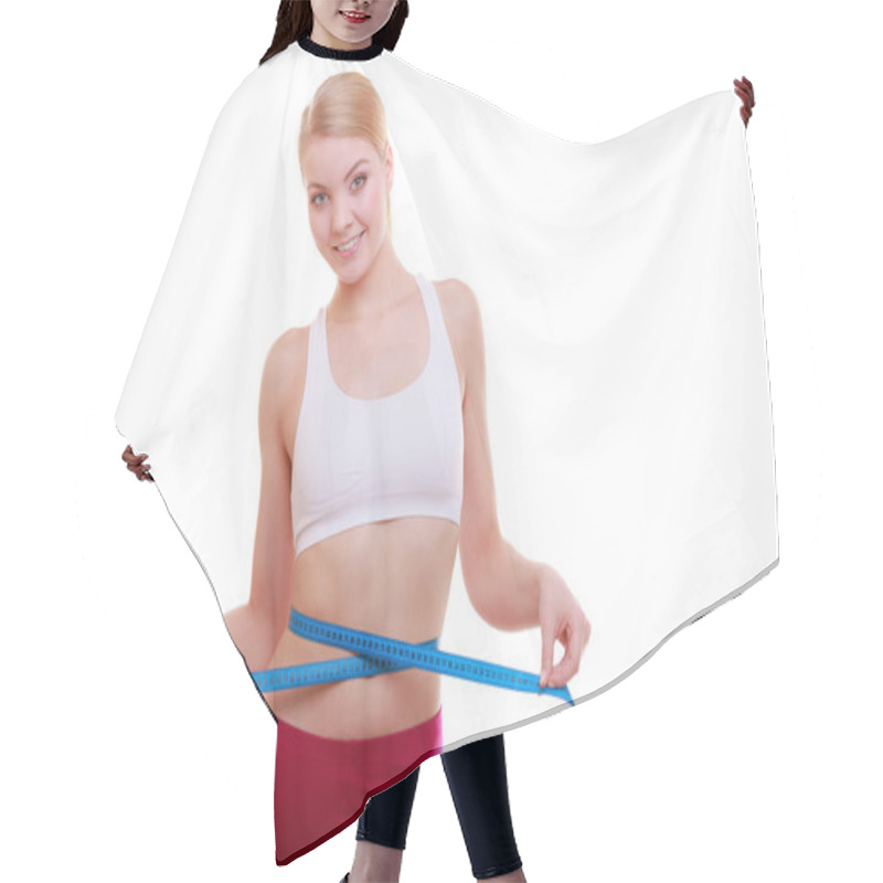 Personality  Diet. Fitness Woman Fit Girl With Measure Tape Measuring Her Waist Hair Cutting Cape