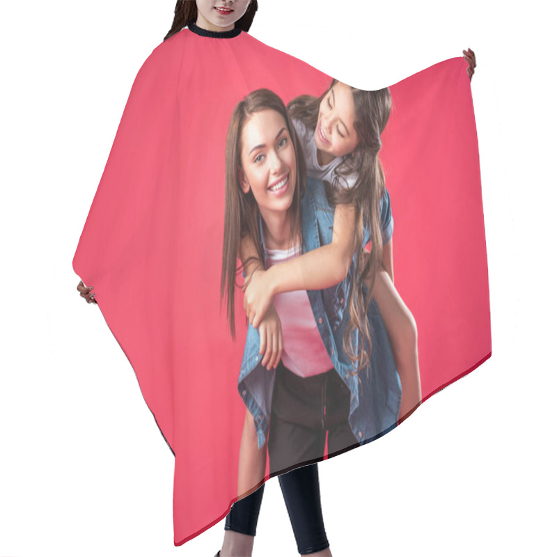 Personality  Mother Giving Piggyback To Daughter Hair Cutting Cape