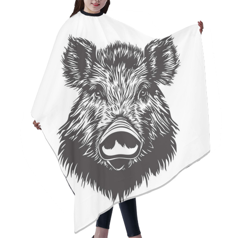 Personality  A Detailed, Black And White Illustration Of A Wild Boar Head, Showcasing Its Powerful Features And Intricate Details. Wildlife Animals. Hair Cutting Cape