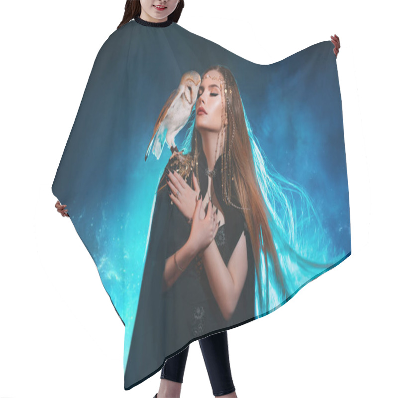 Personality  Art Photo Real Person Fantasy Gothic Woman With White Barn Owl Bird Pet Sitting On Shoulder. Fantasy Elf Blonde Hair Fluttering Fly Wind Sexy Girl Beauty Face. Dark Room Black Dress Blue Magic Light. Hair Cutting Cape