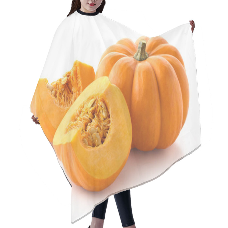 Personality  Fresh Whole And Sliced Pumpkin Isolated On White Background Hair Cutting Cape