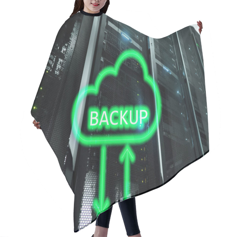 Personality  Backup Button On Modern Server Room Background. Data Loss Prevention. System Recovery. Hair Cutting Cape