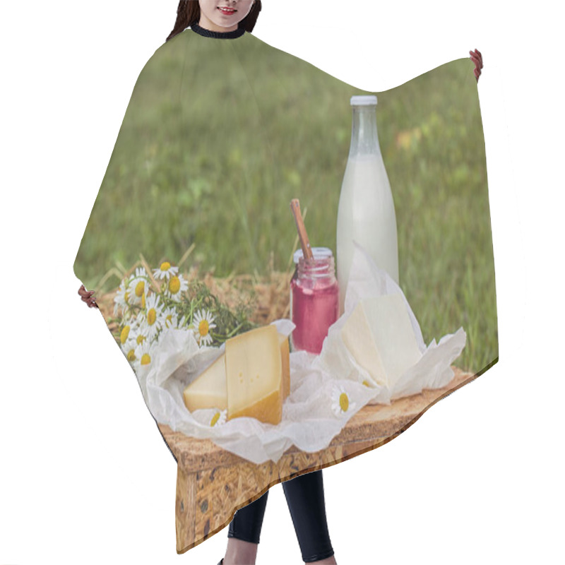 Personality  Dairy Products Milk, Cheese Yogurt Served At Picnic Table In A Cheese Farm Caws In Background Hair Cutting Cape