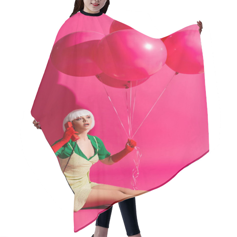 Personality  Surprised Pop Art Girl In White Wig With Balloons Talking On Vintage Phone, On Pink Hair Cutting Cape