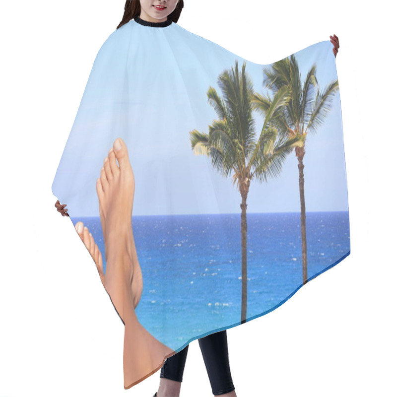 Personality  Woman Feet Overlooking A Tropical Ocean Hair Cutting Cape