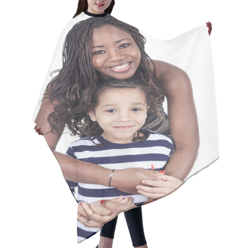 Personality  Afro American Mother And Son On White Background. Afro American Hair Cutting Cape