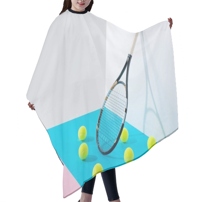 Personality  Yellow Tennis Balls On Blue And Pink Papers And Tennis Racket At White Wall Hair Cutting Cape