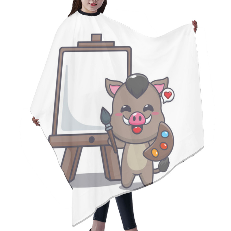 Personality  Boar Mascot Cartoon Character Vector Illustration Wants To Paint On Canvas. Hair Cutting Cape