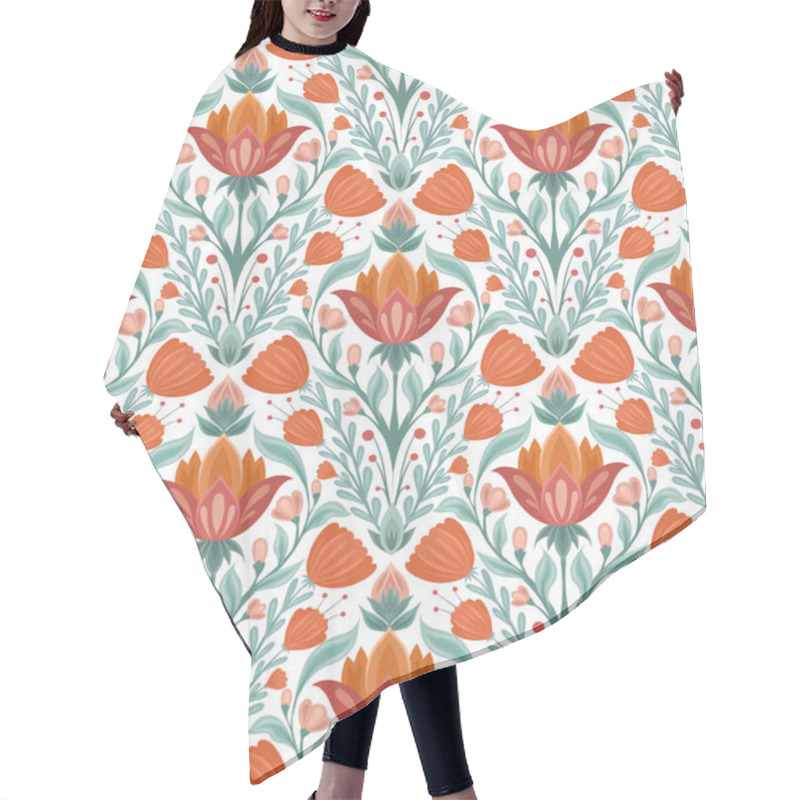 Personality  Vector Folk Art Pattern With Floral Rhombus Composition On White Background. Botanical Texture With Decorative Flowers In Tile. Backdrop With Symmetrical Plants Hair Cutting Cape