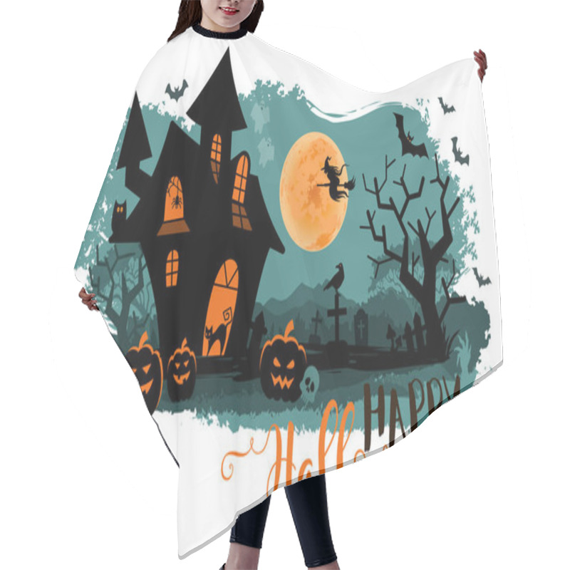 Personality  Halloween Night Background With A Moon, Haunted House, Cemetery, Pumpkins And A Flying Witch Hair Cutting Cape