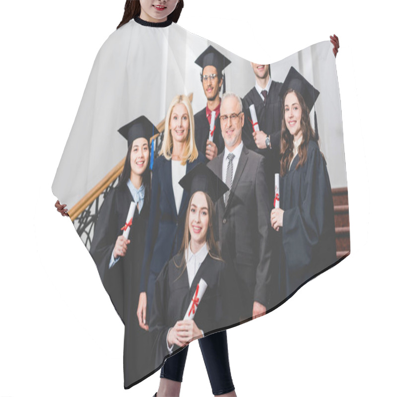 Personality  Smiling Students In Graduation Caps Holding Diplomas Near Happy Teachers  Hair Cutting Cape