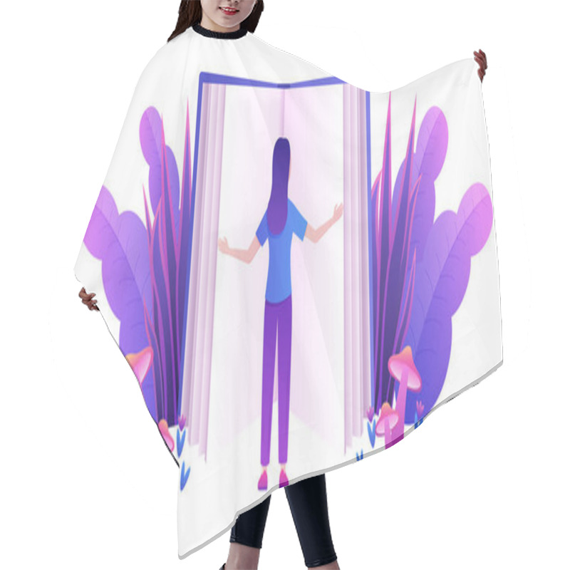 Personality  Cartoon Tiny Woman Reading An Open Fantasy Huge Fantasy Book Isolated Vector Illustration Hair Cutting Cape