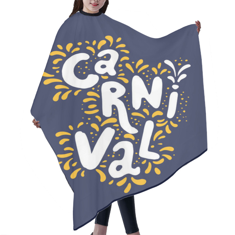 Personality  Vector Illustration. Carnival Festival Decorate Handwritten Lettering Text Solated On Blue. Frame With Orange Confetti And Fireworks. Popular Event In Brazil. Carnival Title, Colorful Party Elements Hair Cutting Cape