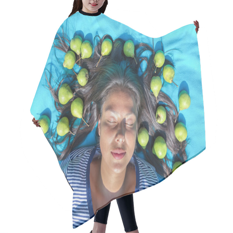 Personality  Young Woman  Lying Eyes Closed Pears In Black Hair Hair Cutting Cape