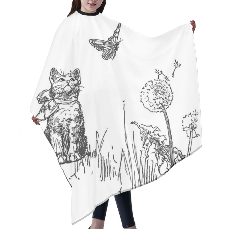 Personality  Cat Watching Butterfly, This Scene Shows A Cat Watching Butterfly Flying In The Air, Flowers Near Cat,  Vintage Line Drawing Or Engraving Illustration Hair Cutting Cape