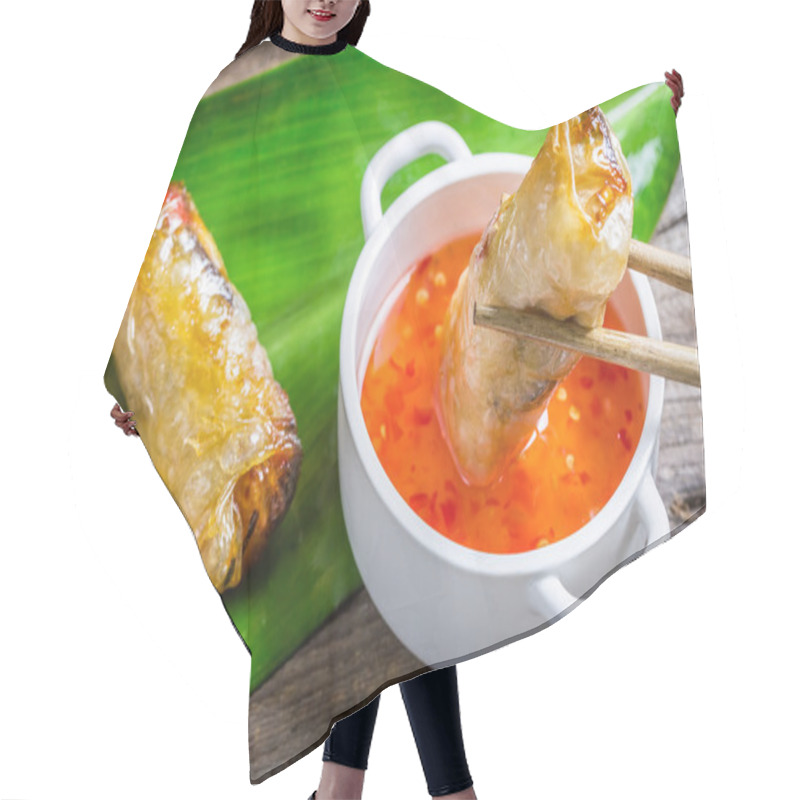 Personality  Fried Spring Rolls Serves With Sweet And Sour Sauce Hair Cutting Cape