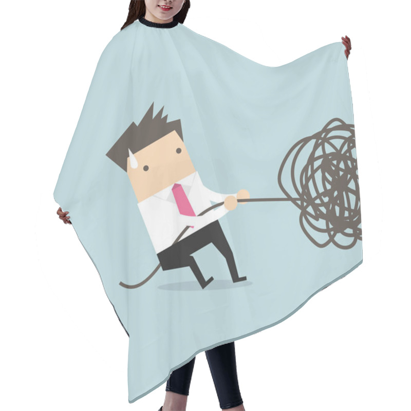 Personality  Businessman Trying To Unravel Tangled Rope Or Cable. Hair Cutting Cape