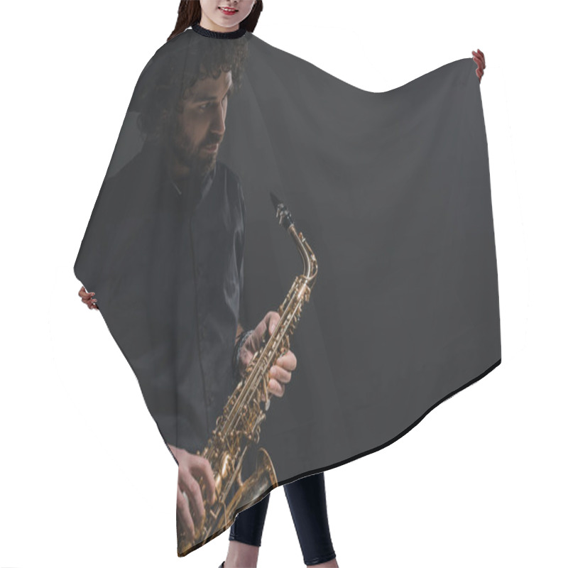 Personality  Young Musician Playing Saxophone On Black Hair Cutting Cape