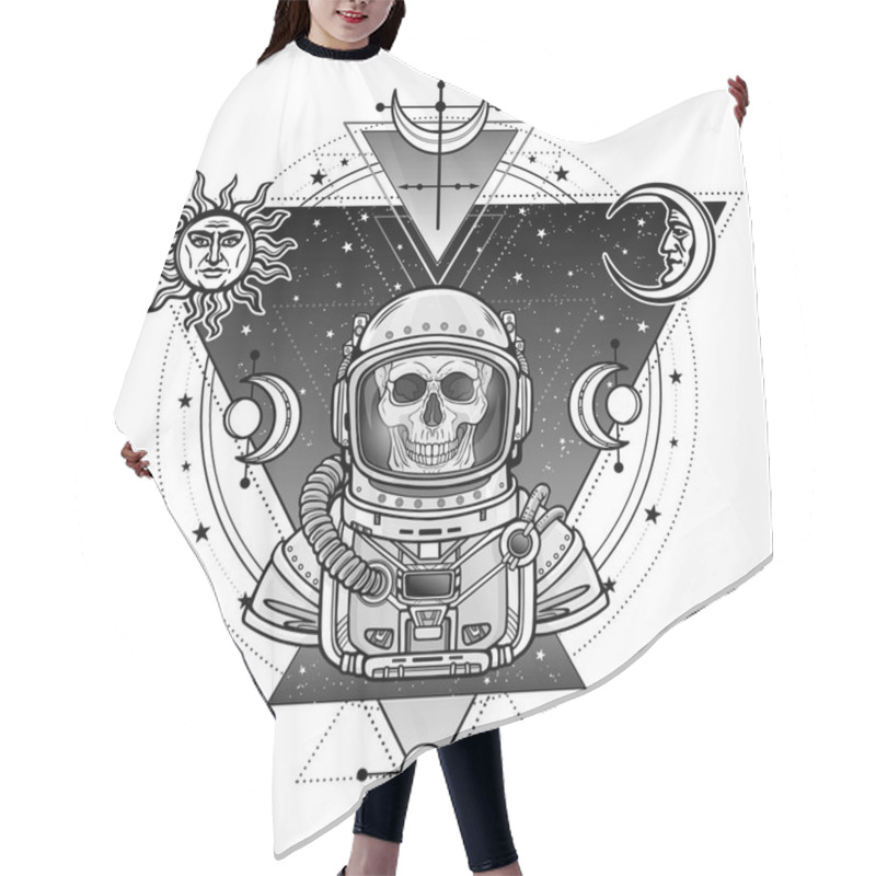 Personality  Animation Portrait Of The Astronaut Skeleton  In A Space Suit. Background - The Star Sky, Symbols Of The Moon And Sun. Sacred Geometry. Vector Illustration Isolated.  Print, Poster, T-shirt, Card. Hair Cutting Cape