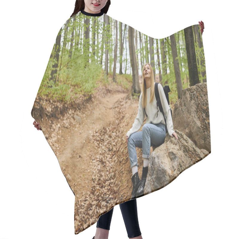 Personality  Curious Blonde Female Hiker Wearing Backpack, Resting On Rocks, Sitting In Deep Woods Hair Cutting Cape