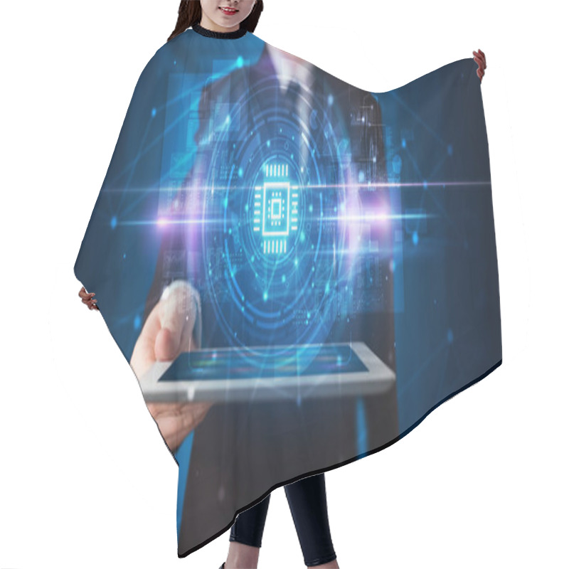 Personality  Hand Holding Tablet With Online Security Concept Hair Cutting Cape