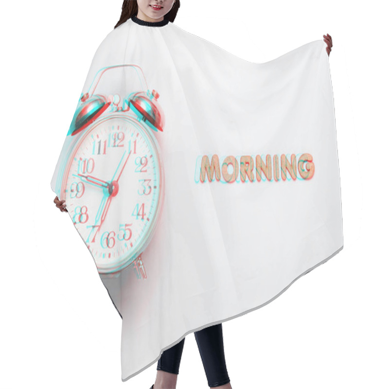 Personality  Retro Alarm Clock On Gray Background With Text Morning With Letters. Top View. Minimalistic Concept Glitch Effect Hair Cutting Cape