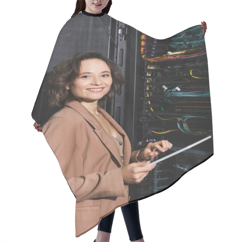 Personality  Cheerful Engineer With Digital Tablet Looking At Camera While Making Diagnostics Of Server Hair Cutting Cape