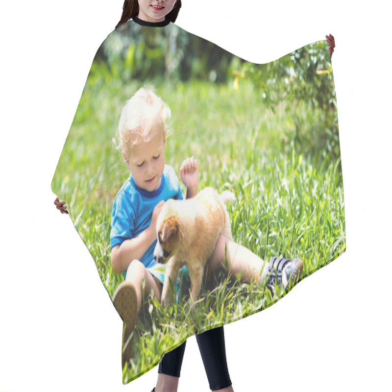 Personality  Kids Play With Puppy. Children And Dog In Garden. Hair Cutting Cape