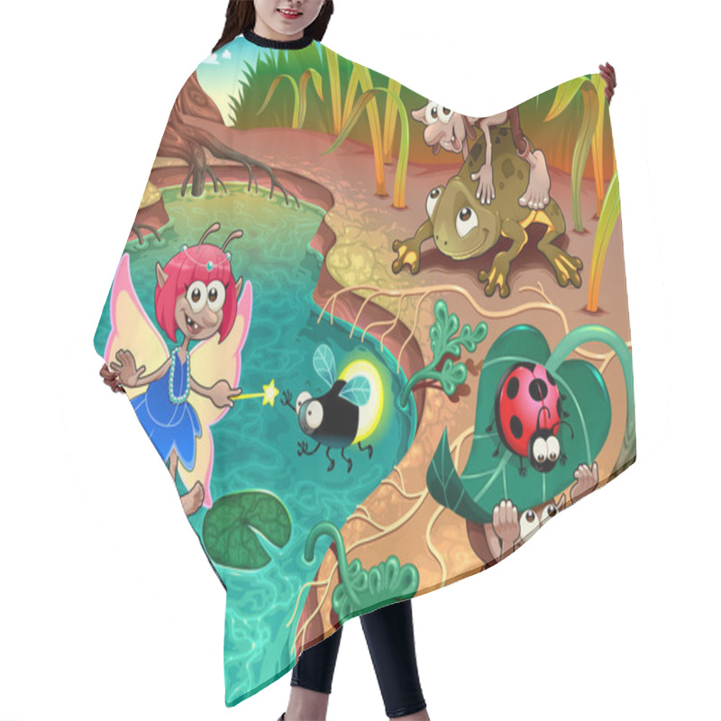 Personality  Fairy And Gnomes Playing In The Nature With Animals. Vector Fantasy Illustration For Children. Hair Cutting Cape