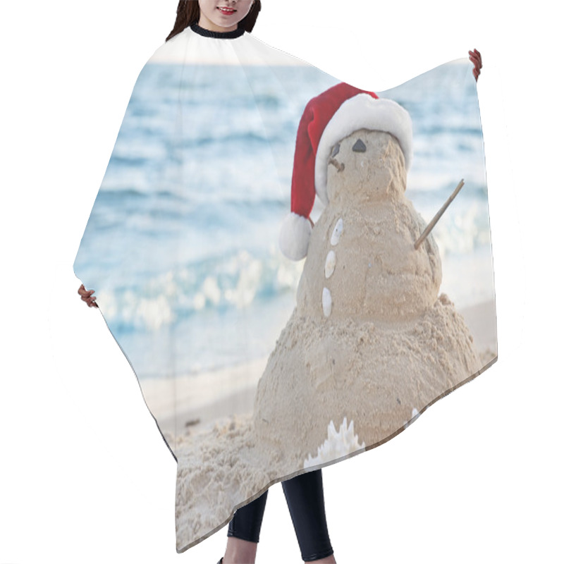 Personality  Snowman Made Of Sand On Beach.  Hair Cutting Cape