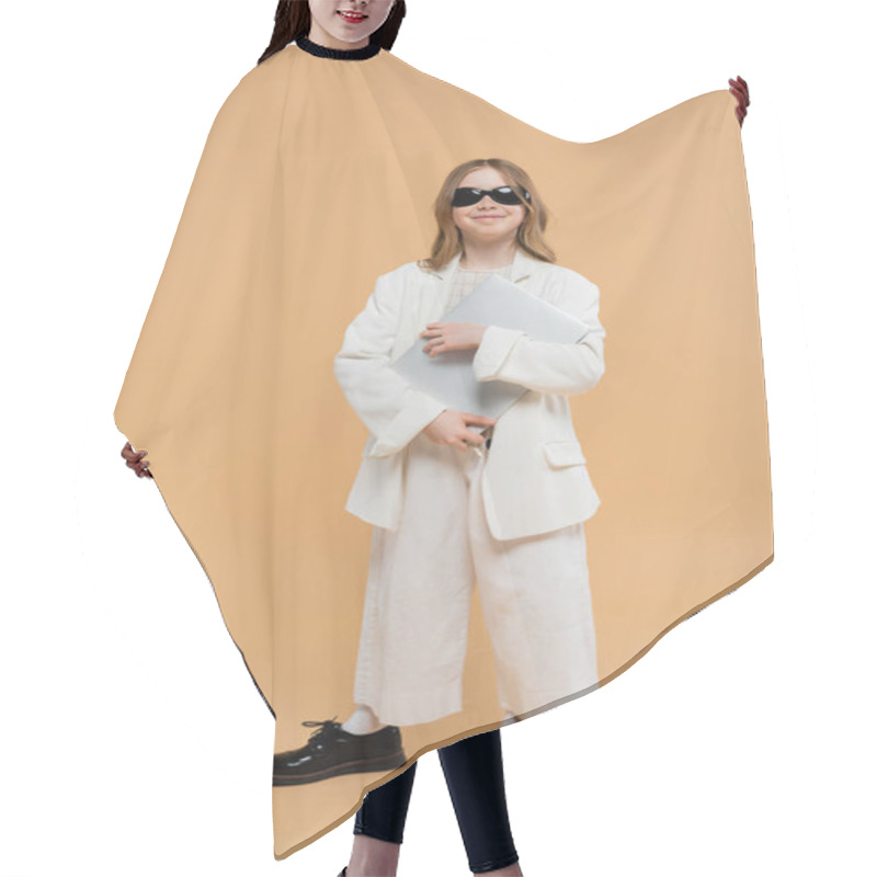 Personality  Online Education, Trendy Preteen Girl In White Suit, Happy Kid In Sunglasses Holding Laptop And Standing On Beige Background, Fashionable Outfit, Formal Attire, Child Model, Trendsetter, E-learning  Hair Cutting Cape