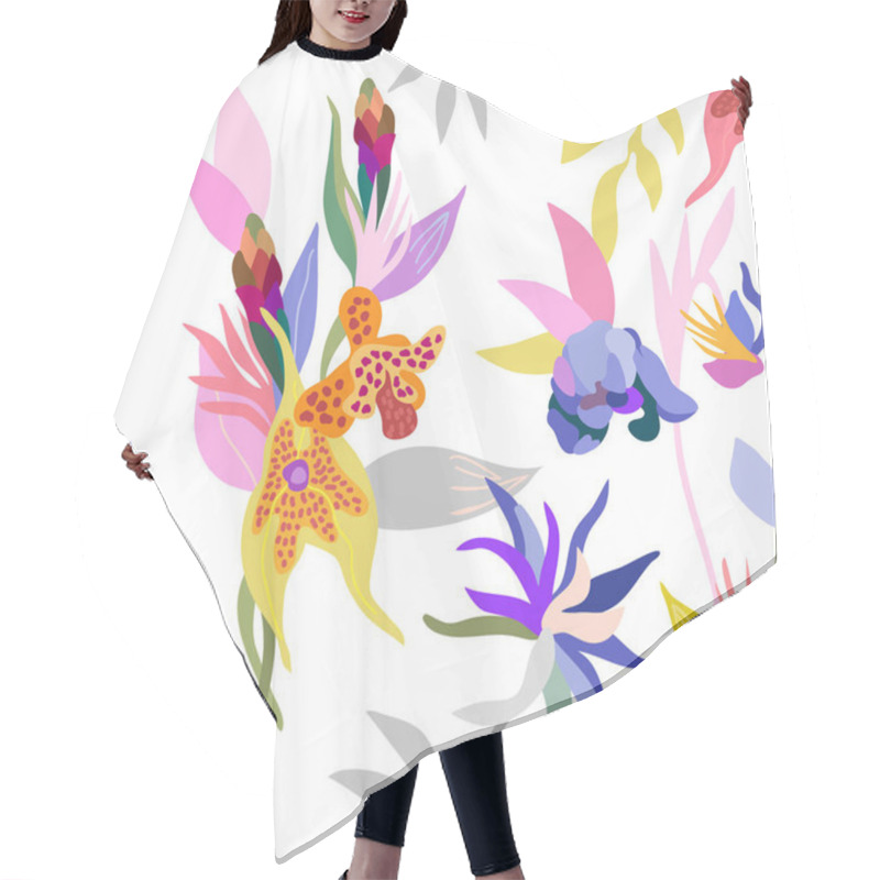 Personality  Seamless Pattern With Flowers And Palm Leaves.  Hair Cutting Cape