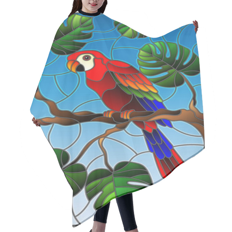 Personality  Illustration In Stained Glass Style Bird Parakeet On Branch Tropical Tree Against The Sky Hair Cutting Cape