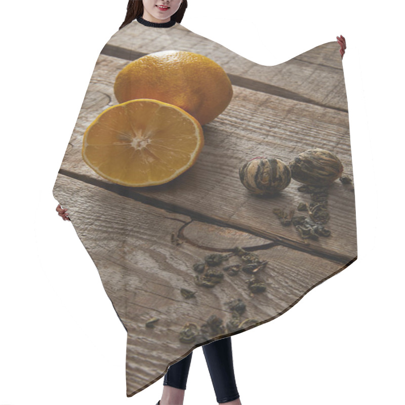 Personality  Fresh Lemons And Blooming Tea Balls On Rustic Wooden Table Hair Cutting Cape