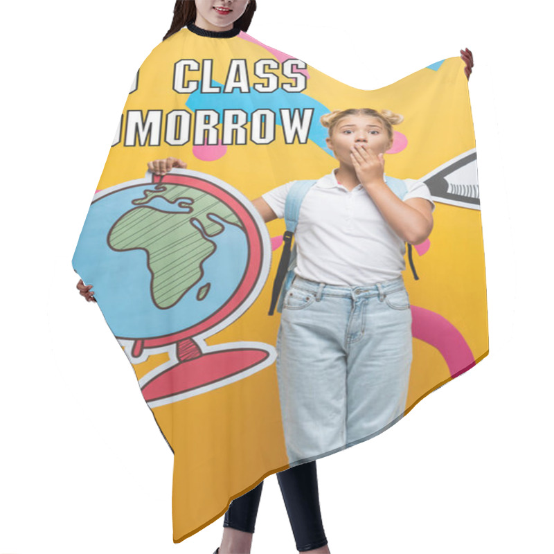 Personality  Shocked Schoolgirl Covering Mouth While Holding Globe Maquette Near No Class Tomorrow Lettering, Paper Pencil And Decorative Elements On Yellow Hair Cutting Cape