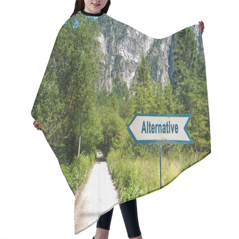 Personality  Image Showing A Signpost And Information Sign Pointing In The Direction Of An Alternative In German. Hair Cutting Cape