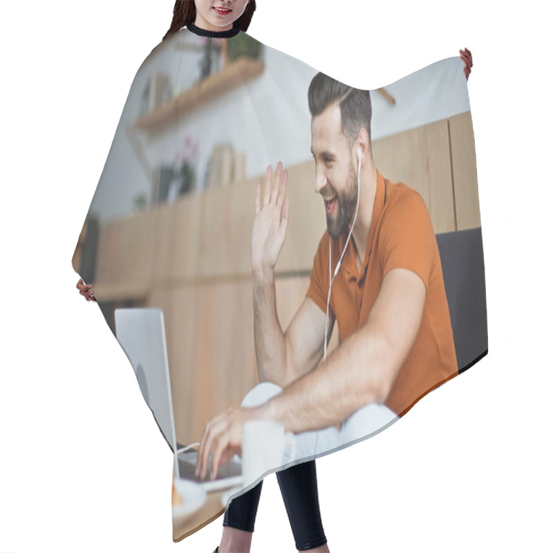 Personality  Happy Man In Earphones Having Video Call In Cafe Hair Cutting Cape