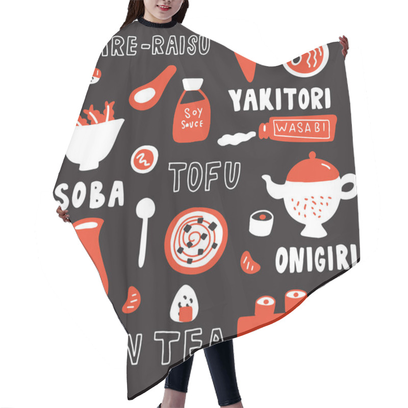 Personality  Japanese Cuisine Vector Illustration. Hand Drawn Food. Isolated On Black Background. Typography Poster Hair Cutting Cape