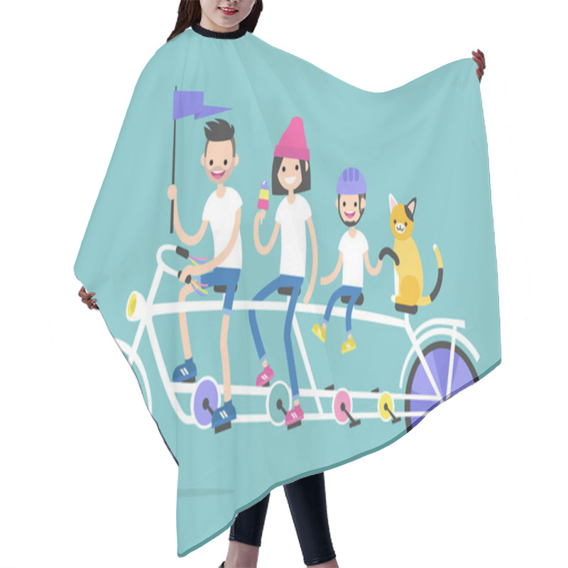 Personality  Young Family Riding A Tandem Bicycle With Four Seats. Family Vacations. Together. Bright Vector Illustration, Clip Art Hair Cutting Cape