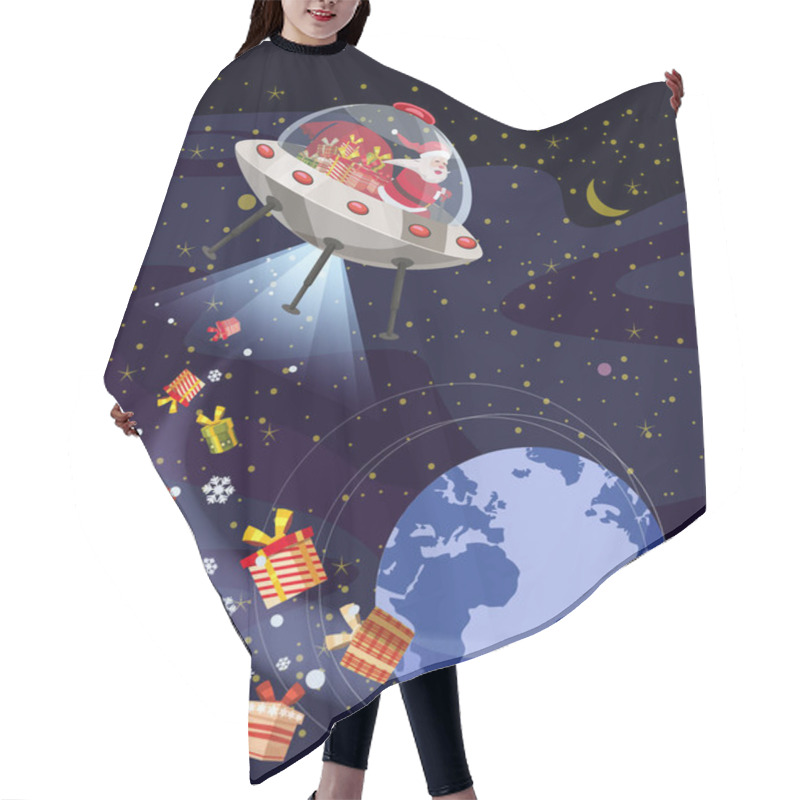 Personality  Merry Christmas Santa Claus Flying In UFO Spaceship Flying Saucer With Gift Boxes In Space Earh Night. Vector Illustration Isolated Cartoon Style Hair Cutting Cape