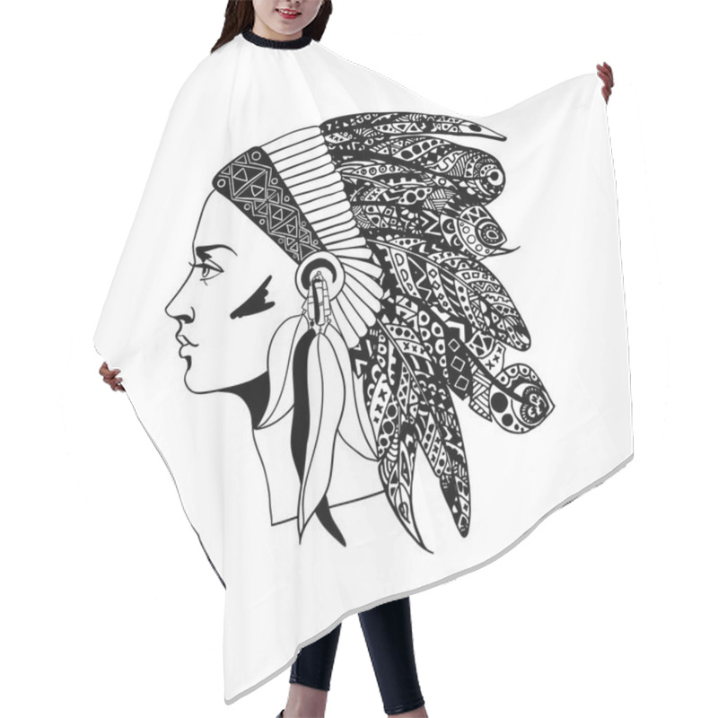 Personality  The Profile Of A Girl In Traditional Headdress Of An Indian Chief Hair Cutting Cape