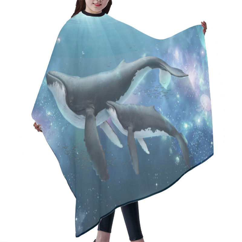 Personality  Mother Humpback Whale Swimming With Her Calf In Surreal Nebula Ocean, 3d Illustration Hair Cutting Cape