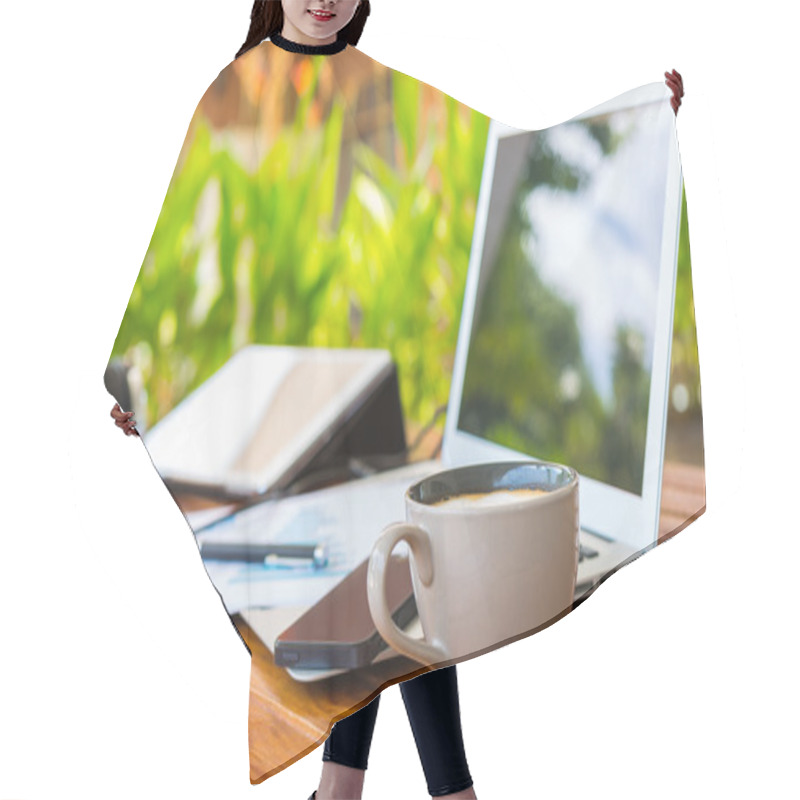 Personality  Laptop, Tablet , Smartphone And Coffee Cup With Financial Docume Hair Cutting Cape