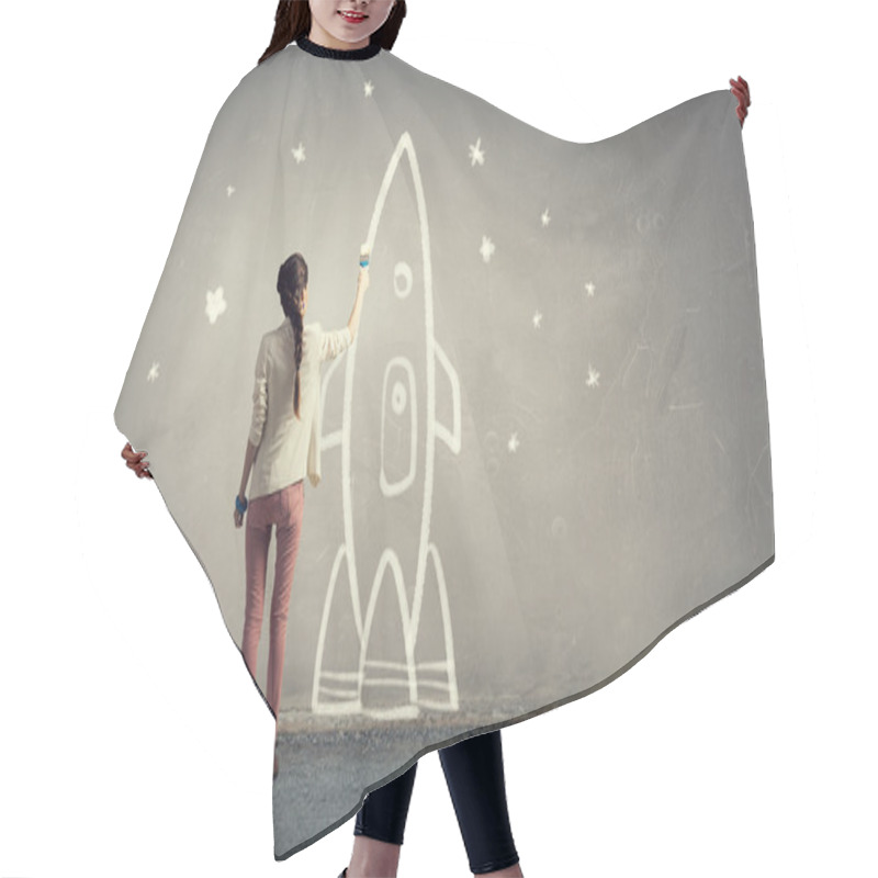 Personality  Girl Drawing Rocket . Mixed Media Hair Cutting Cape