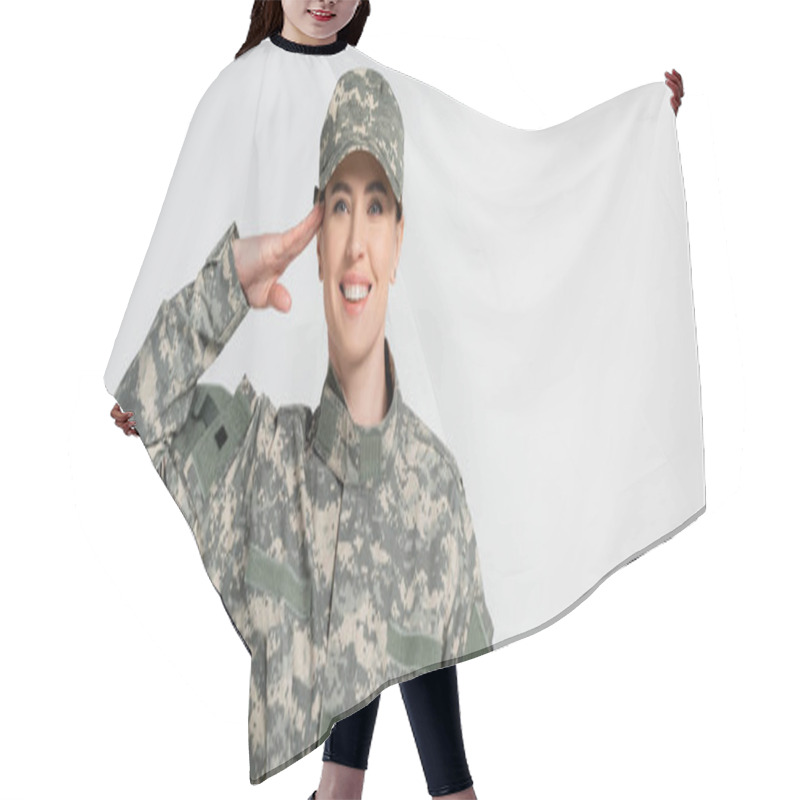 Personality  Cheerful Soldier Saluting And Looking At Camera Isolated On Grey, Banner  Hair Cutting Cape