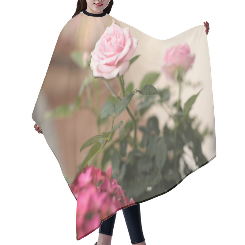 Personality  Soft Pink Roses And Bright Pink Flowers Are Displayed Together In A Cozy Indoor Environment, Capturing The Tranquility Of A Sunny Day. The Greenery Adds Freshness To The Atmosphere. Hair Cutting Cape