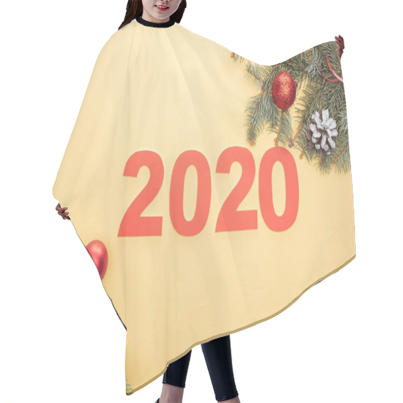 Personality  Top View Of Paper 2020 Numbers Near Christmas Tree Branches With Baubles And Cones On Yellow Background Hair Cutting Cape